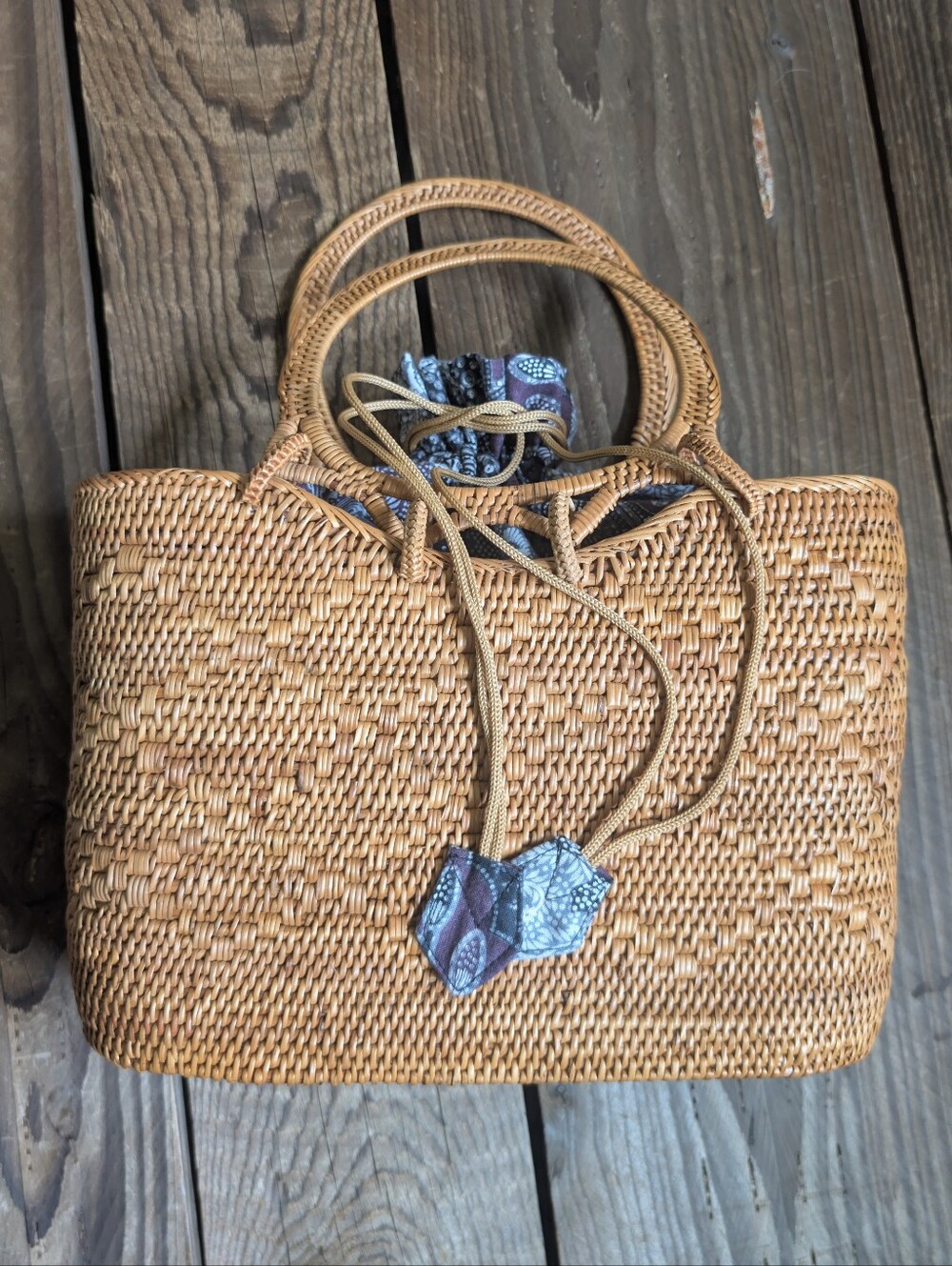 Handwoven Straw Purse with Patterned Drawstring Liner